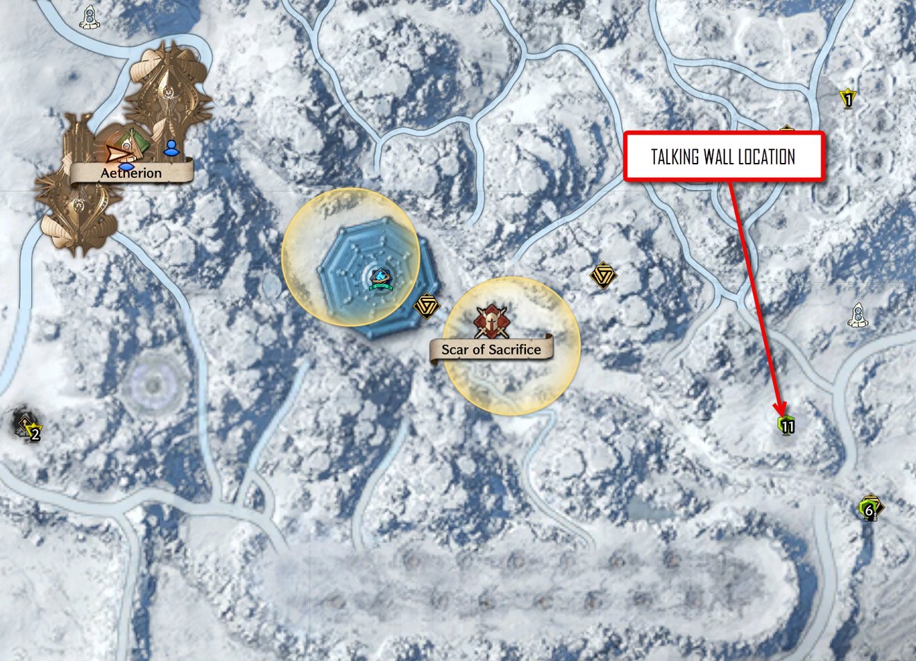 Map showing the Talking Wall location near marker 11 east of Aetherion and Scar of Sacrifice